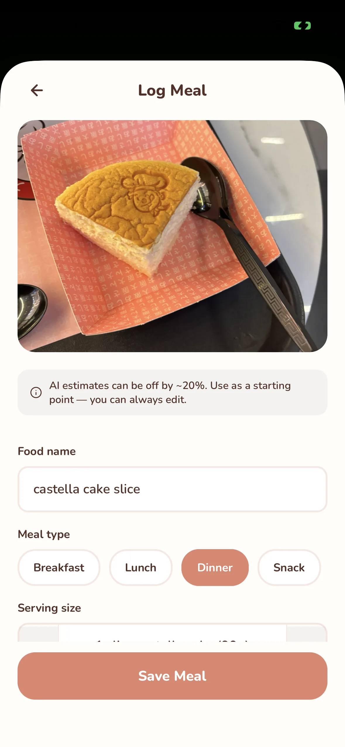 Calobite log meal screen with editable calories and macros