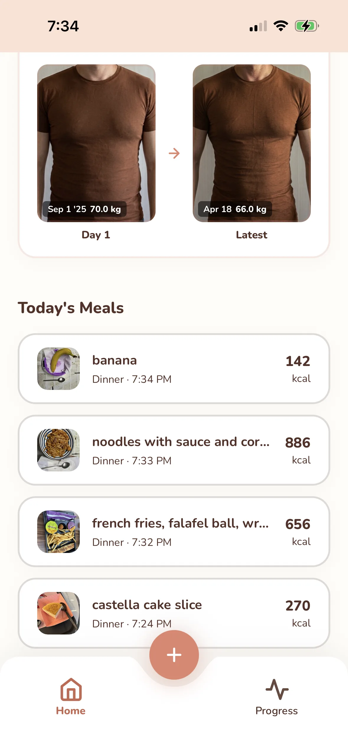 Calobite home screen with today's meals stacked under the transformation card